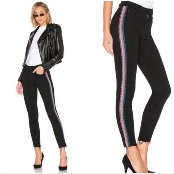 MOTHER High Waisted Looker Ankle Fray Jean in Guilty Glitter Racer Black Size 26 - Picture 1 of 14
